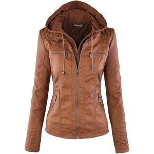Women Hooded Faux Leather Zipper Motorcyle  Jacket